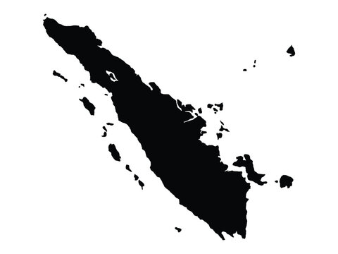 Silhouette map of Sumatra island showing the distinct geographical shape and surrounding smaller islands on a solid white background.