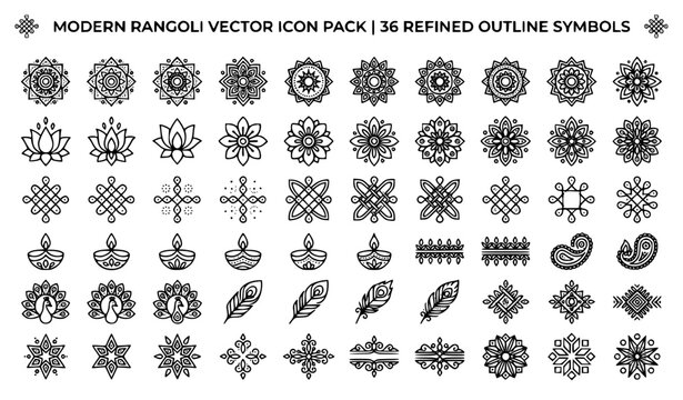 Diwali Diya and Mandala Line Icon Set &ndash; Indian Festival Lotus, Peacock, Rangoli Vector Illustration Bundle