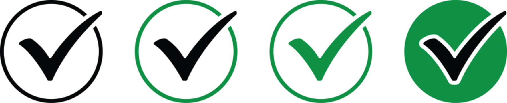 Green check mark icon, set approve tick in circles