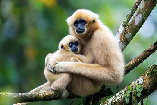 Mother Gibbon Embraces Baby Gibbon in Lush Forest Canopy.