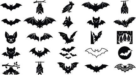 Fototapeta premium Bat Silhouette Icon Set, Spooky Halloween Flying Creature Vector Symbols