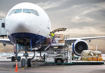 loading cargo into the airplane before departure with nice sky © Maria