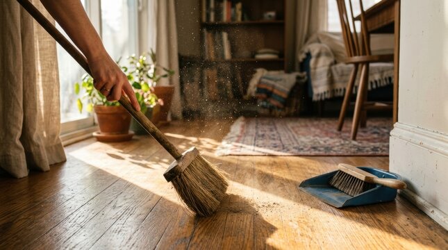 A hand sweeping a hardwood floor with a broom, dust particles floating in a shaft of morning sunlight. The broom bristles are worn. A dustpan waits nearby.