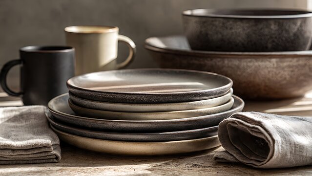 Handcrafted ceramic dinnerware collection with plates bowls mugs and linen in natural light