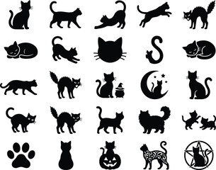 Obraz premium Cat Silhouette Icon Set, Spooky Halloween Pet Character Vector Symbols