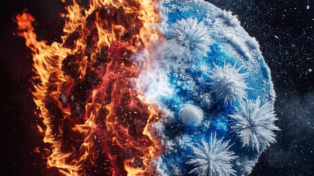 Dramatic collision of fire and ice forming abstract elemental contrast against dark background