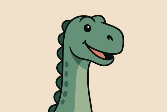 Friendly green cartoon brontosaurus dinosaur smiling happily against a soft pastel peach colored background.