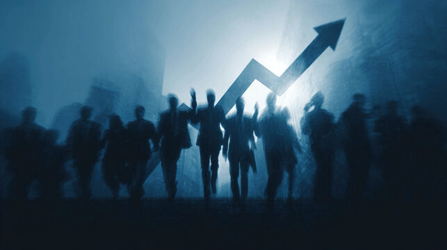 Business professionals celebrating with upward arrow of progress silhouetted teamwork graphic symbolizing achievement corporate growth collaboration success and shared performance milestones