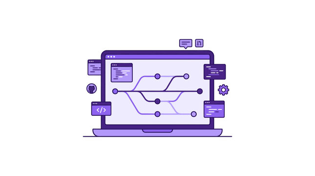 Computer screen showing git branch workflow, coding concept
