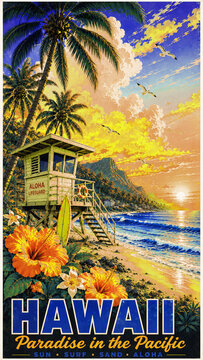 Dreamy tropical beach at sunset with a lifeguard tower, swaying palms, vibrant hibiscus flowers, soaring seabirds, and glowing ocean waves in a paradise-inspired digital painting.
