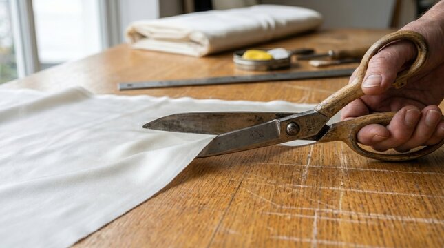 Close-Up of Scissors Cutting Luxury Silk on Large Wooden Cutting Table