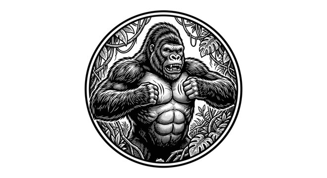 Gorilla in circular frame illustration.