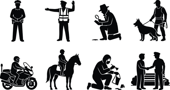 Set of law enforcement silhouettes including police officers traffic control forensic investigators and K9 unit icons
