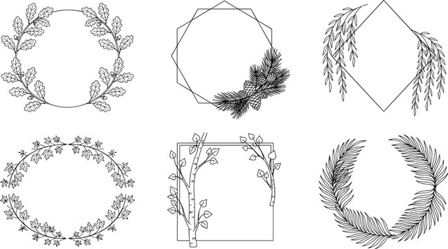 Hand Drawn Botanical Frame and Floral Wreath Vector Collection with Elegant Leaf Borders, Geometric Shapes, Rustic Branches, and Nature Line Art Set