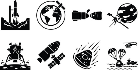 Set of space mission concepts and rocket launch icons including planetary landing and spacecraft reentry © MdMonowar