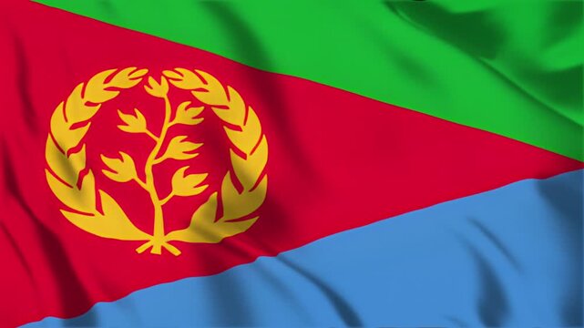 Eritrea flag waving in wind high quality 4k footage seamless animation showing national symbols of east african country with green red and blue colors loop.