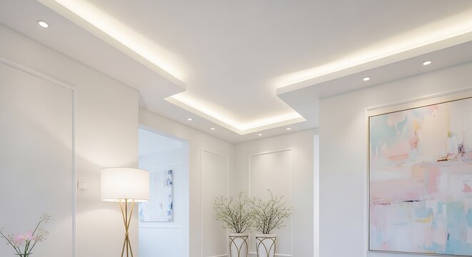 Modern recessed ceiling lighting in luxury living room, elegant white interior design with cove lights, minimalist home decor with warm ambient illumination