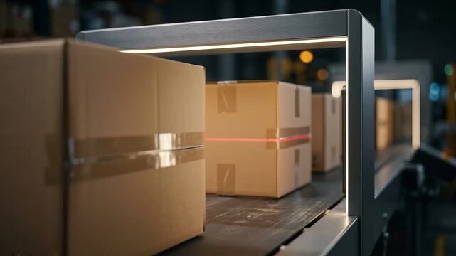 Warehouse automation system with robotics and laser scanning technology efficiently processes and tracks packages on conveyor belt for optimized sorting and handling in modern logistics environment