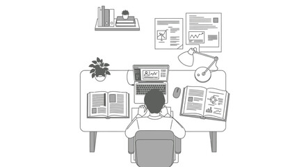Fototapeta premium Overhead view of a person working at a desk with a laptop, books, lamp, and plant, symbolizing remote work or study