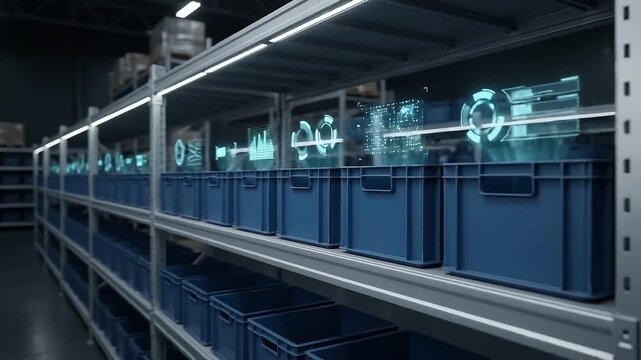 Warehouse automation system robotics technology with digital interface blue storage bins on metal shelves industrial environment futuristic efficient inventory management
