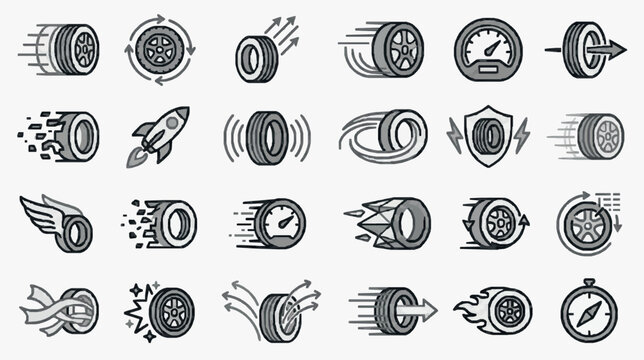 Creative Black and White Icons Set Featuring Wheels Speed Direction and Space Themed Elements with high quality professional line art symbols for modern creative design and digital branding projects
