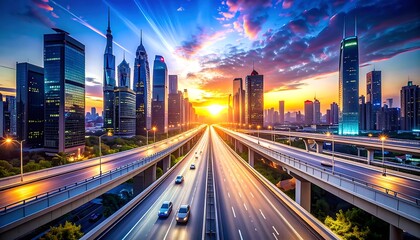 Fototapeta premium A cityscape at sunset with a highway