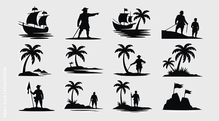 Vintage pirate silhouette icons, nautical adventure vector set of 12 elements, tropical island and sailing ship graphics for maritime branding © AjmiraKhatun