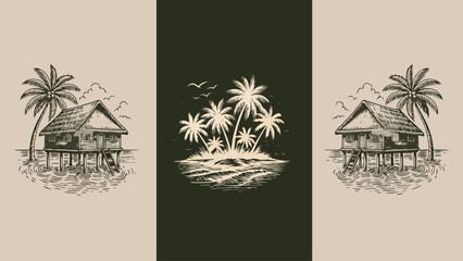 Tropical island huts on stilts with palm trees and water © Amirul
