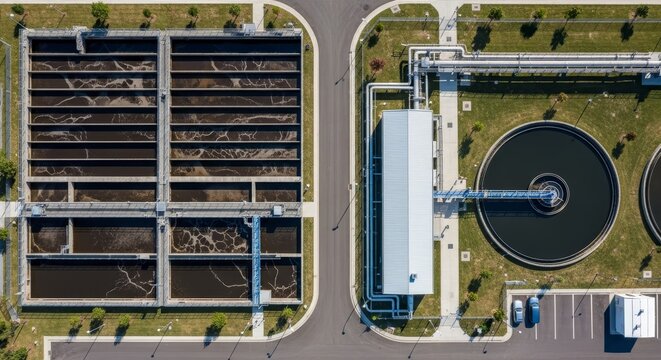 Aerial View of an Extensive Wastewater Treatment Plant Infrastructure with Settling Basins and Industrial Buildings