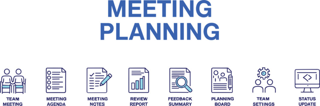 Corporate meeting planning line icons set showing team schedule agenda review reports feedback summary and project status updates