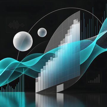 Futuristic abstract business concept with floating spheres glowing wave patterns and rising financial bar graph analytics business analytics technology abstract investment