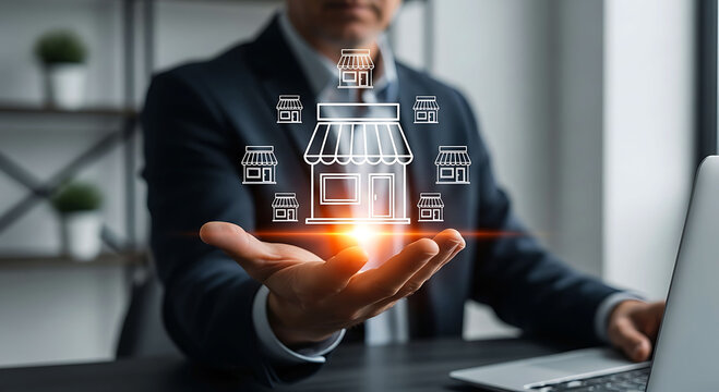 Businessman holding glowing digital franchise icons representing retail business expansion