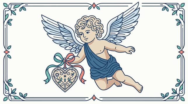flying cherub delivering a decorative heart locket with a key framed by an elegant border ideal for valentines.