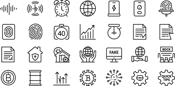 Corporate security and cryptocurrency outline icons collection showcasing biometrics digital data tracking analytics and financial market symbols