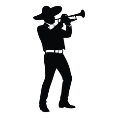 Mexican mariachi trumpet player silhouette performance in traditional charro suit and hat. © MAHAFUZA