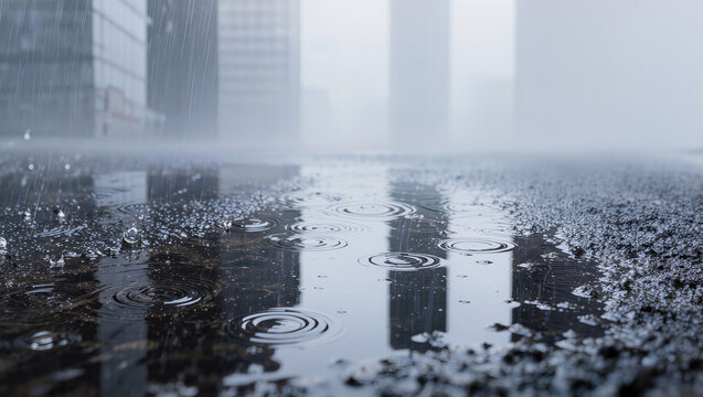 Raindrops rippling in a puddle on a wet city street on a rainy day with blurred buildings, gloomy monsoon weather and rainy season concept, moody atmospheric background with copy space for text