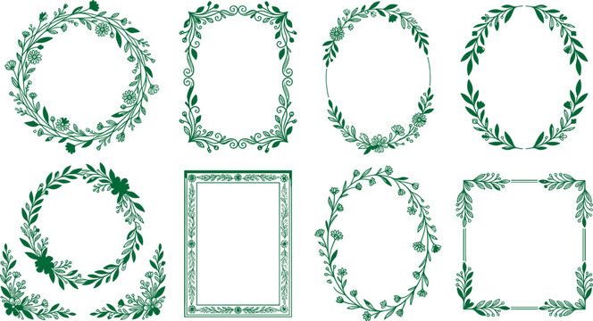 Green botanical silhouette frame and wreath collection with ornate leaves and floral decorative borders