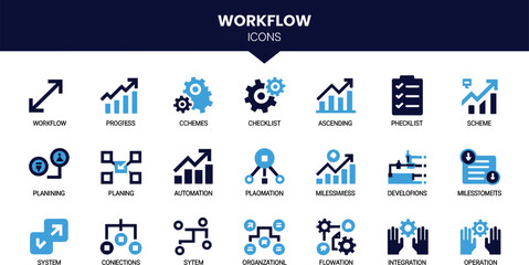 Fototapeta premium Corporate workflow management icons set detailing optimization schemes automation plans data growth charts and company structural organization