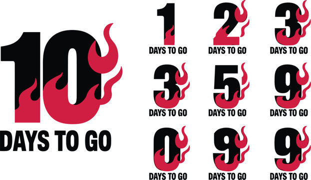 Countdown numbers set with fire flames for product launch event promotional sale or marketing campaign days to go