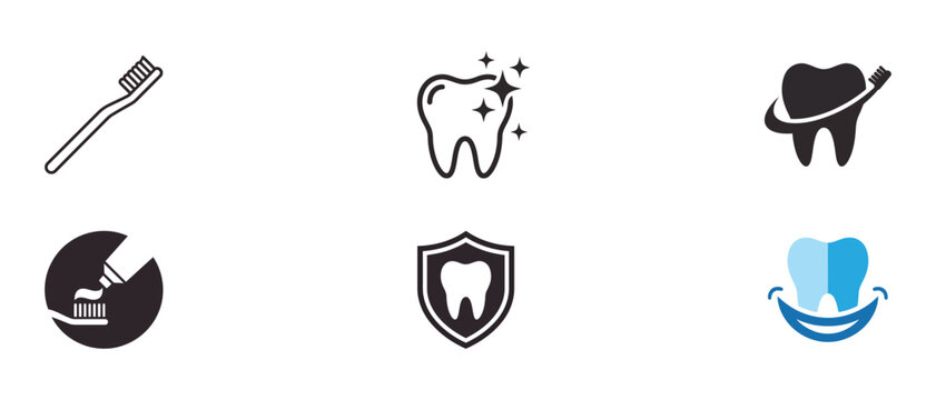 Set of dental icons: toothbrush with toothpaste, sparkling tooth, tooth with toothbrush wrap, tooth on shield, and happy tooth smile for oral hygiene and dental care illustration.