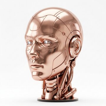 Metallic copper head portrait isolation with humanoid, technology