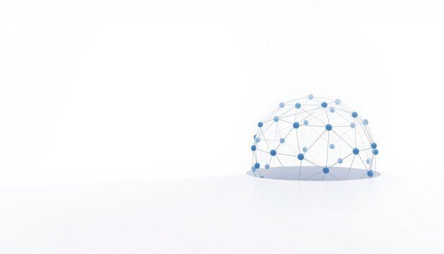 Blue network dome with interconnected nodes and lines connections structure abstract hemisphere technology communication connectivity visualization information interconnected geometric