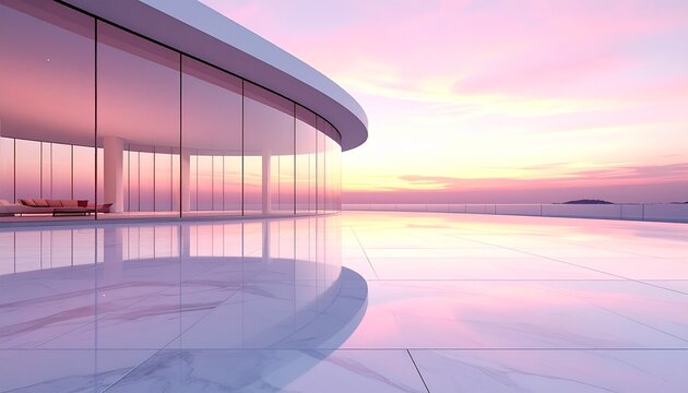 Modern curved glass architecture with soft pastel sunrise and blush pink sky, dreamy reflective exterior