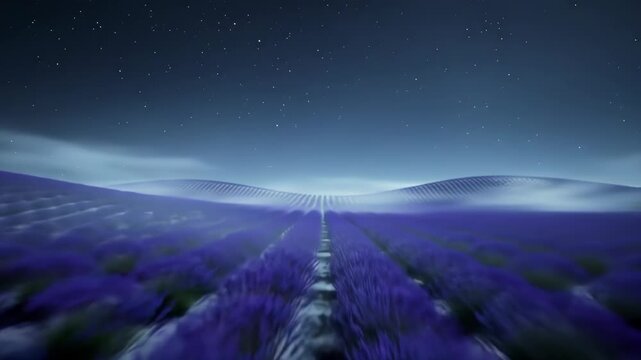 Cinematic wide shot of purple lavender fields at night under a starry sky with thick ground fog rolling over hills, surreal landscape with deep blue and violet tones.