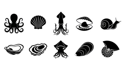Marine seafood and shellfish silhouette icons collection. © quote