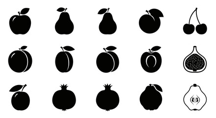 Assorted fruit and berry black silhouette icons. © quote