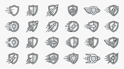 Dynamic Set of 20 Modern Shield Icons with Motion Lines and Various Symbols in Monochrome Design © Zulfi