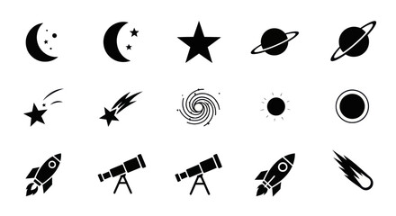 Black silhouettes of space planets and astronomy symbols. © quote