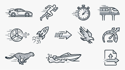 Clean Minimalist Line Art Icons of Speed Motion and Transportation Methods in Monochrome with high quality professional line art symbols for modern creative design and digital branding projects © Zulfi