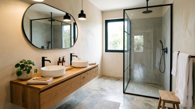 Minimalist Modern Bathroom with Beige Walls, Concrete Floor, interior wood panel wall
